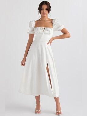 House of CB White Puff-Sleeve Square Neck Midi Dress with Side Slit
